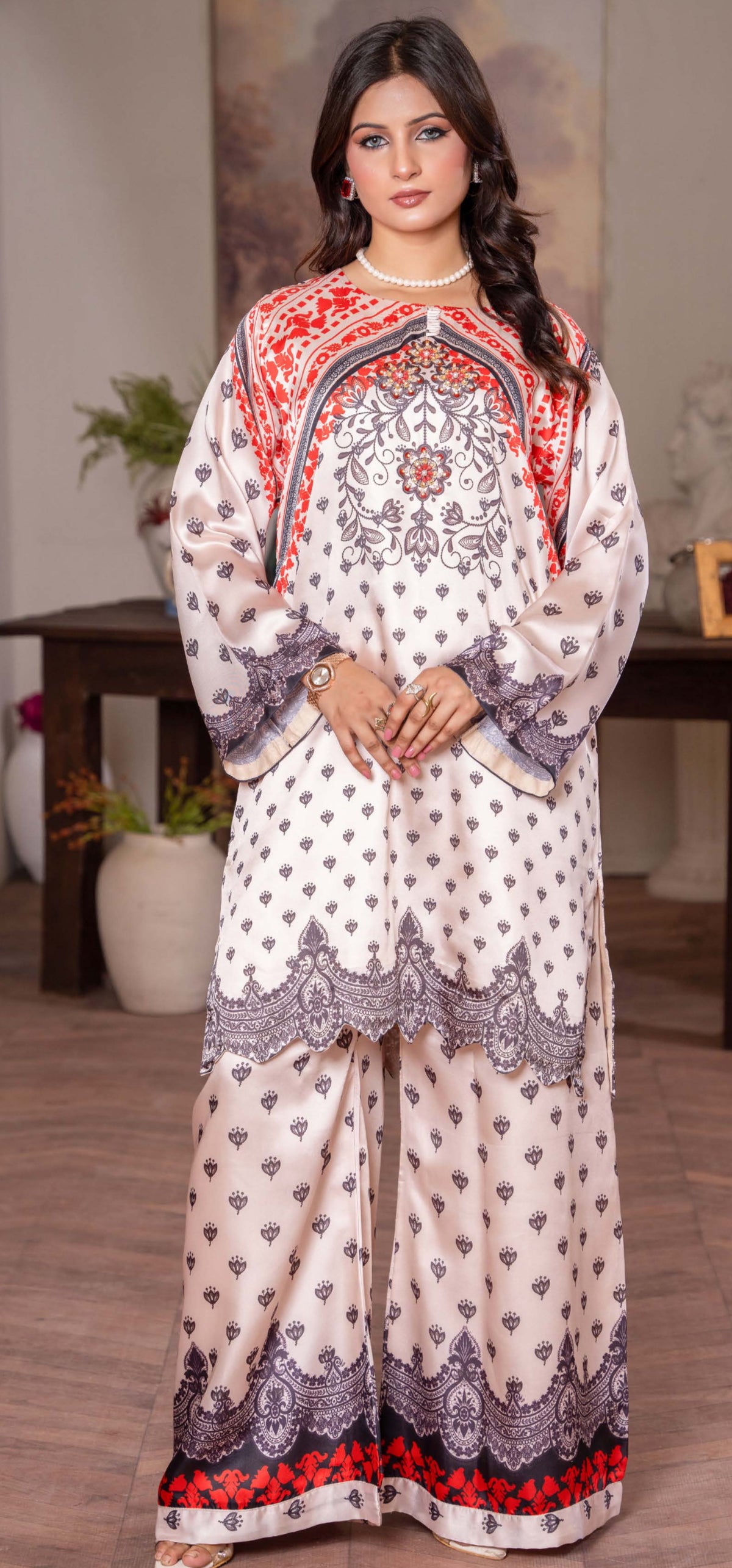 Luxury 2pc silk  Baige red blue with hand embellishments