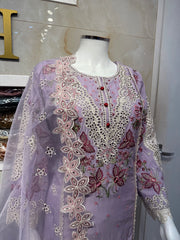 Ar Lilac White Thread Embroidery with Patchwork on Trousers - Elegant Design Featuring Floral Patterns
