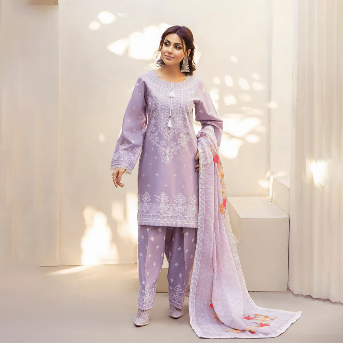 KC1444 purple with white embroidery farshi Shalwaar