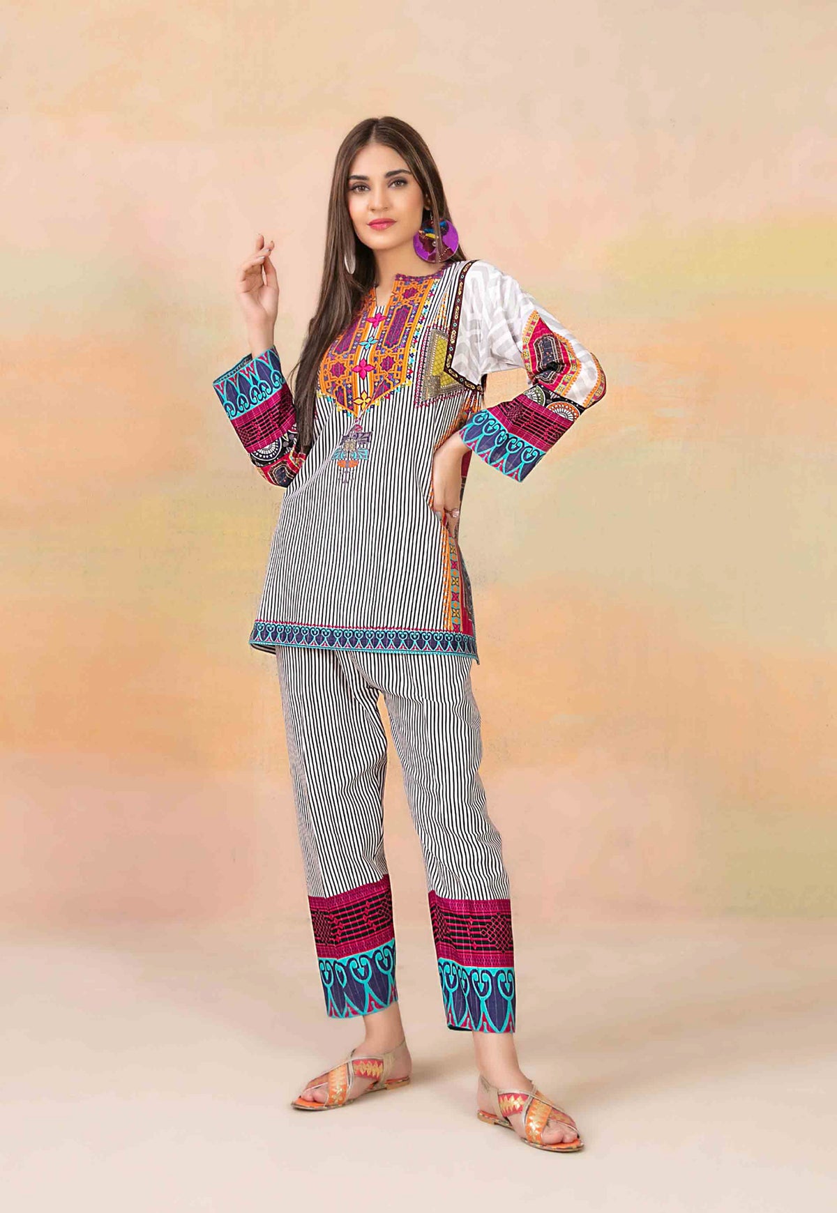 White and Black Striped Khaddar 2-Piece Suit with Multicolor Printed Borders