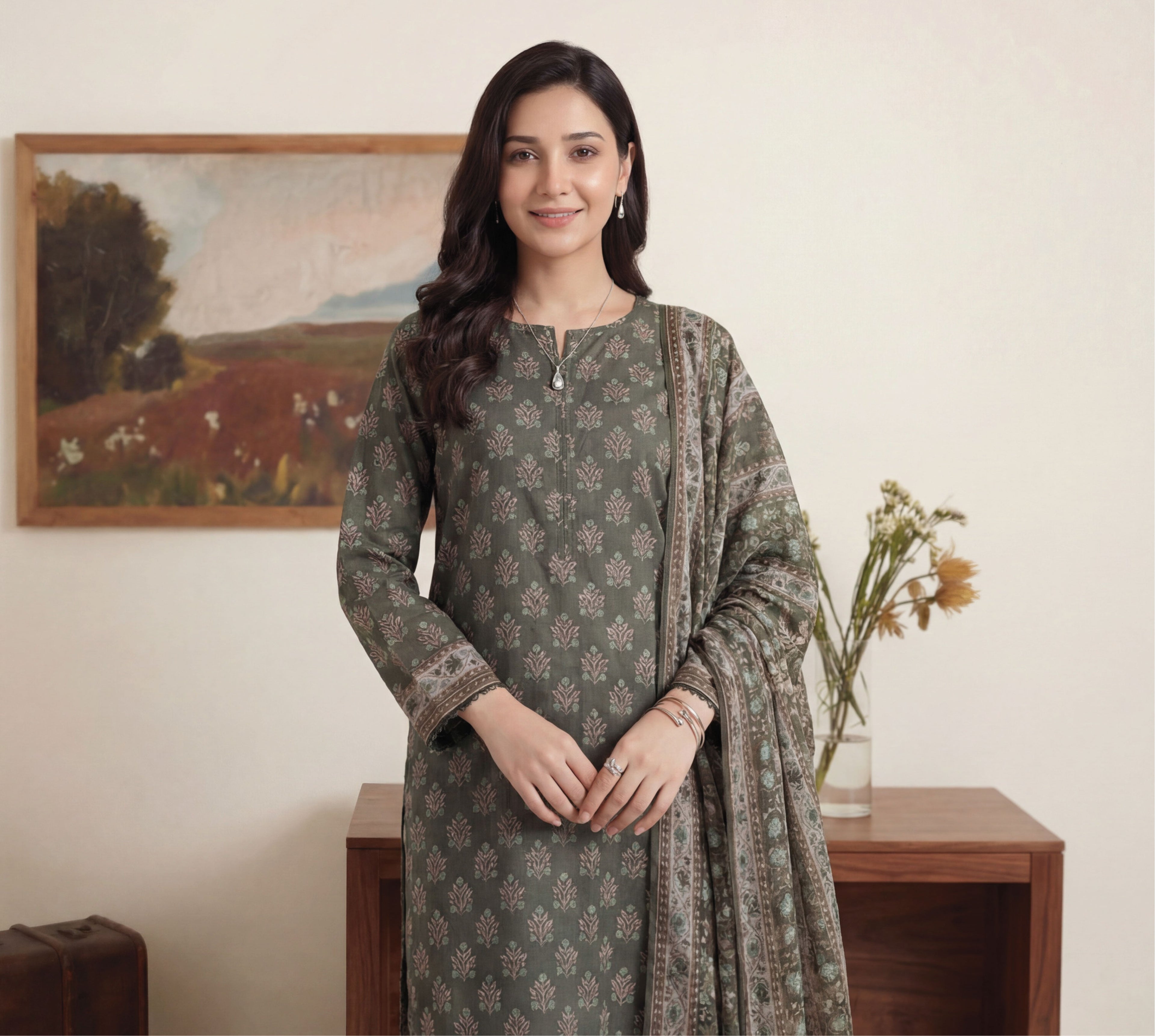 Ash Brown Lawn Rotary Print 3PC Ready-to-Wear