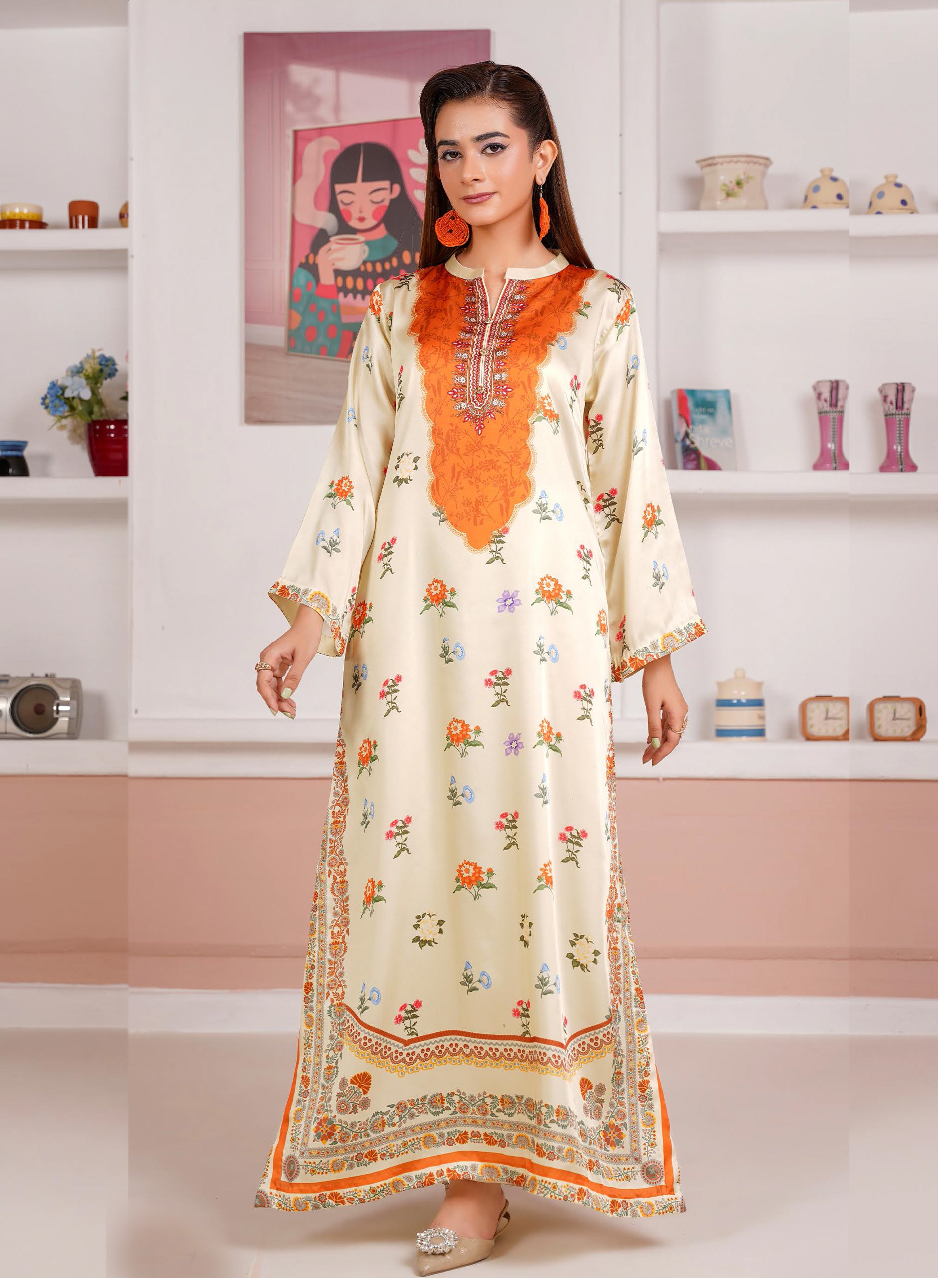 Cream Floral Printed Silk Long Shirt & Trouser