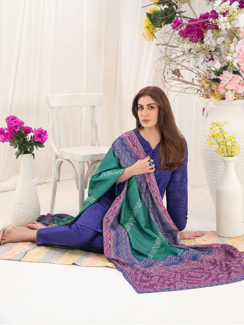 Royal Blue Embroidered Shirt with Teal Digital Printed Shawl Dupatta