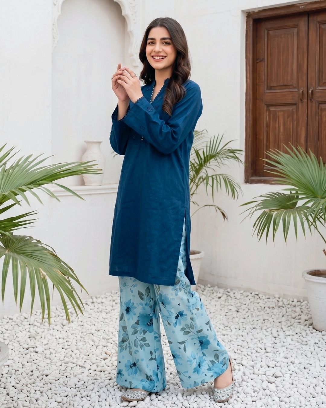 Navy Blue Modern Solid 2PC - Chic shirt with digital print trouser
