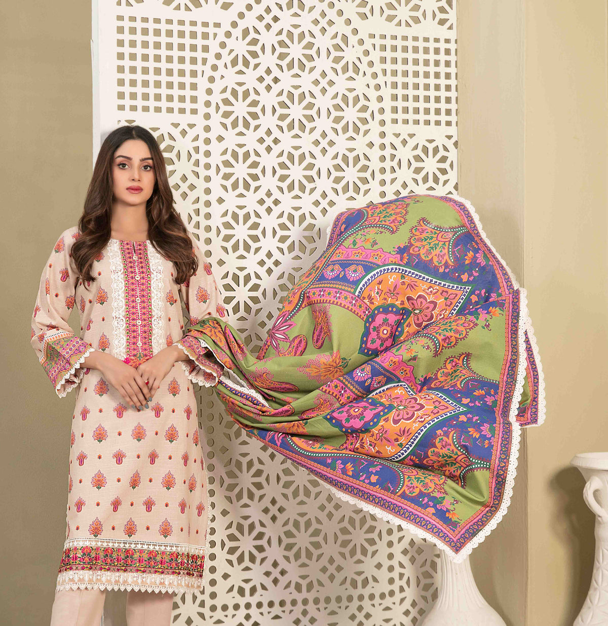 Beige Khaddar Embroidered 3-Piece Suit with Multicolor Printed Dupatta