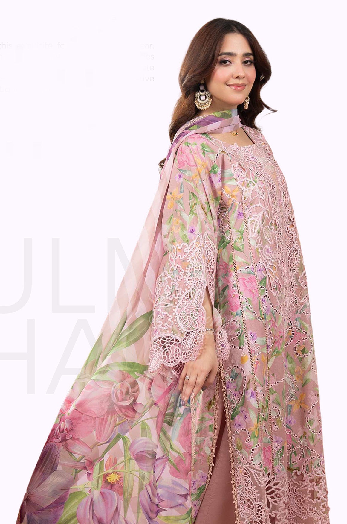Vintage Rose Embroidered Lawn Suit with Floral Printed Dupatta & Farshi Shalwar
