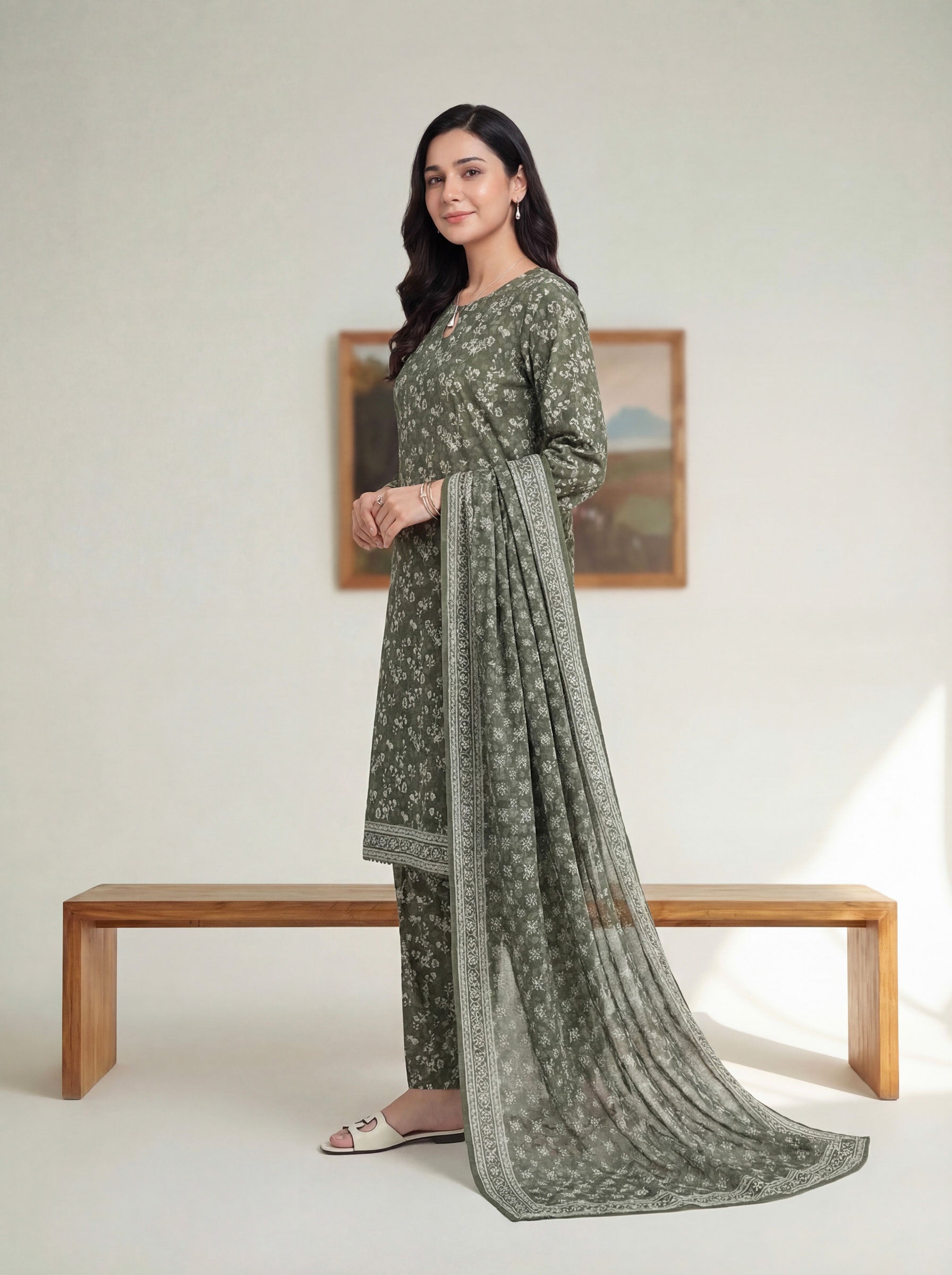 Dark Brown Gray Elite Lawn Rotary Print 3PC Ready-to-Wear