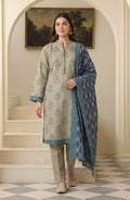Beige & Royal Blue Printed Khaddar 3-Piece Suit