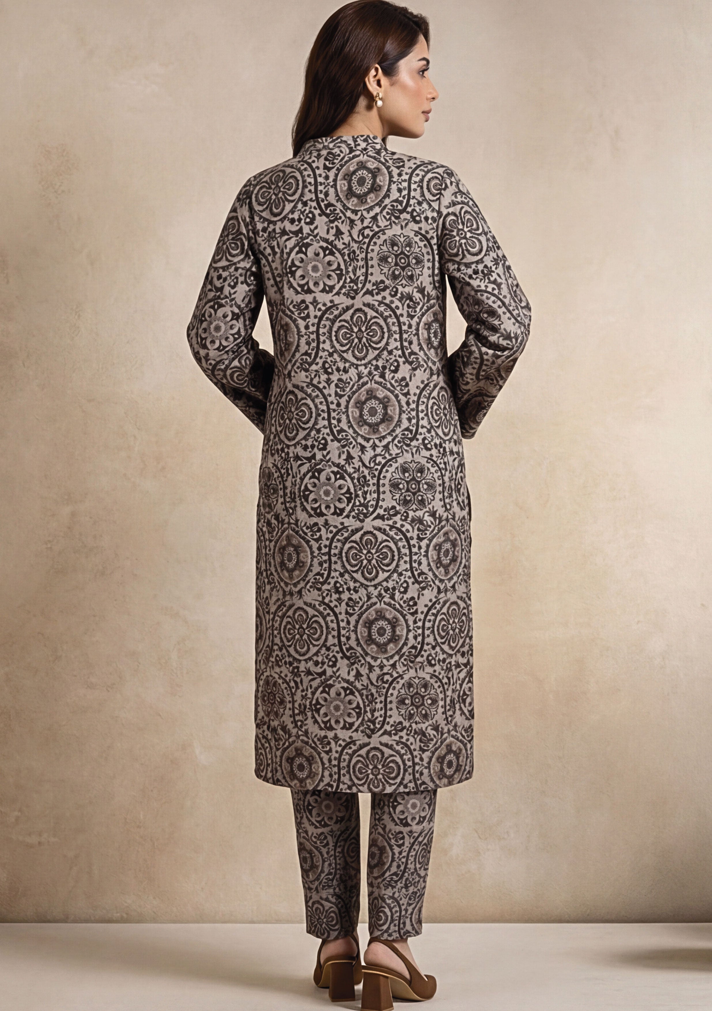Dusty Taupe Linen Stitched Staple Digital print suit