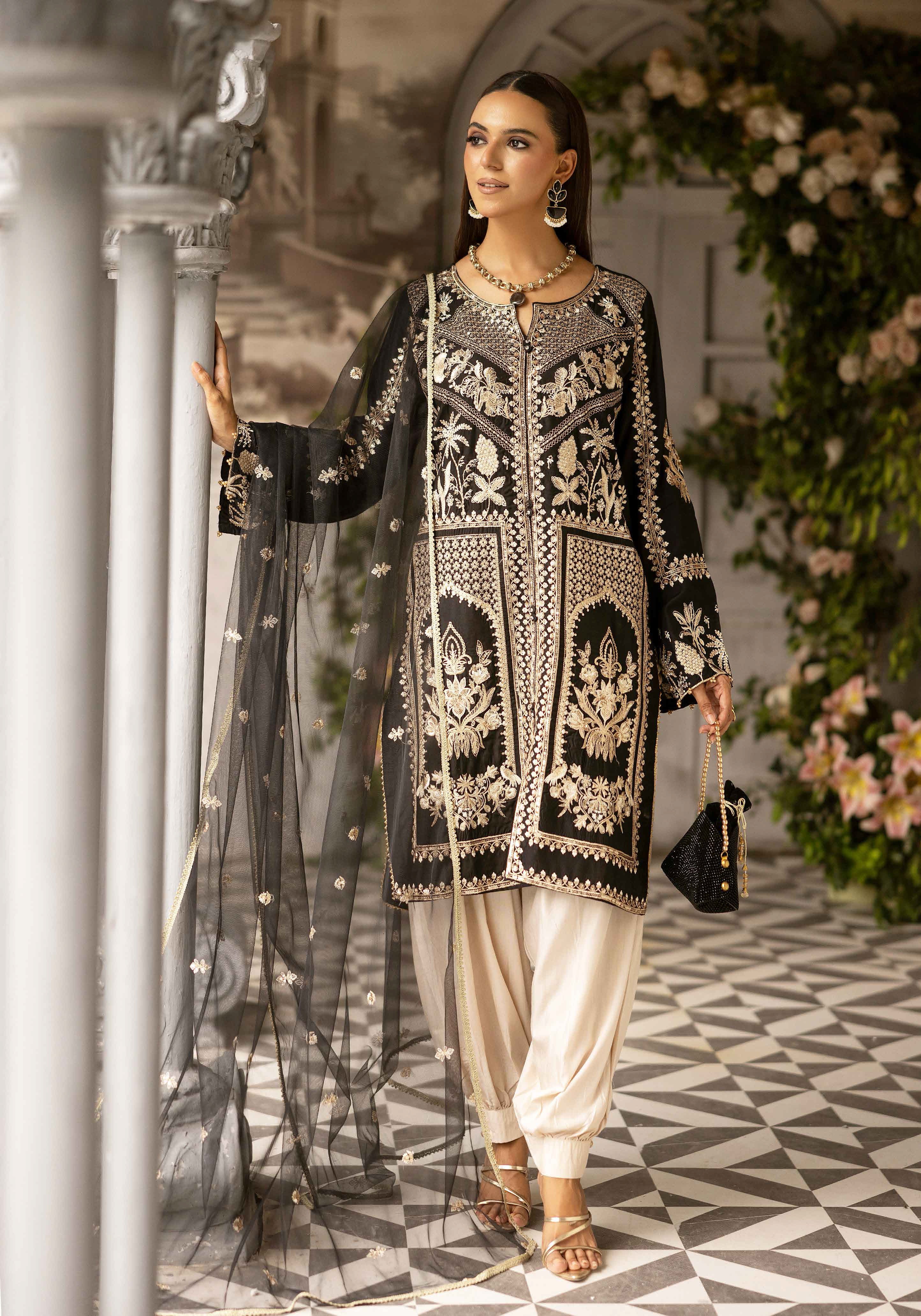 Black Luxury Embroidered 3-Piece Suit with Organza Dupatta & Tulip Shalwar