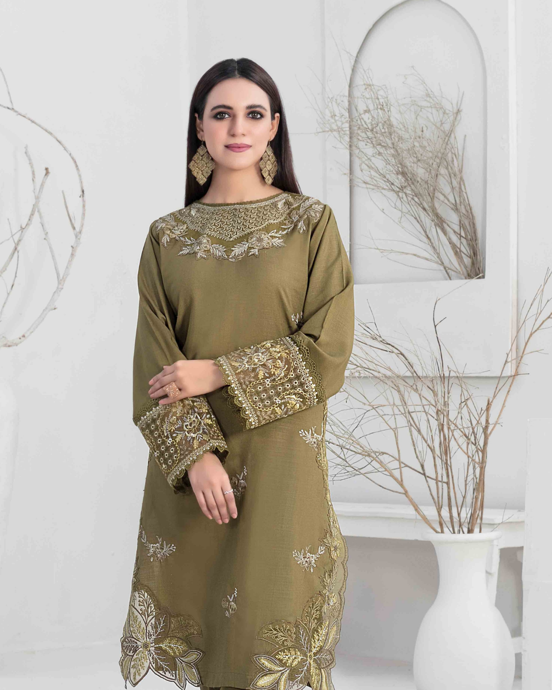 Olive Green Embroidered Slub Linen 2-Piece Suit