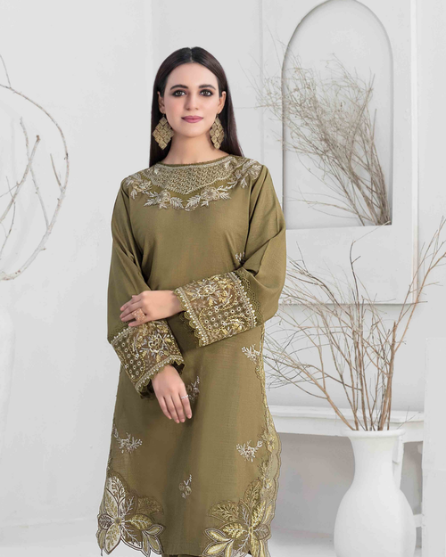 Olive Green Embroidered Slub Linen 2-Piece Suit