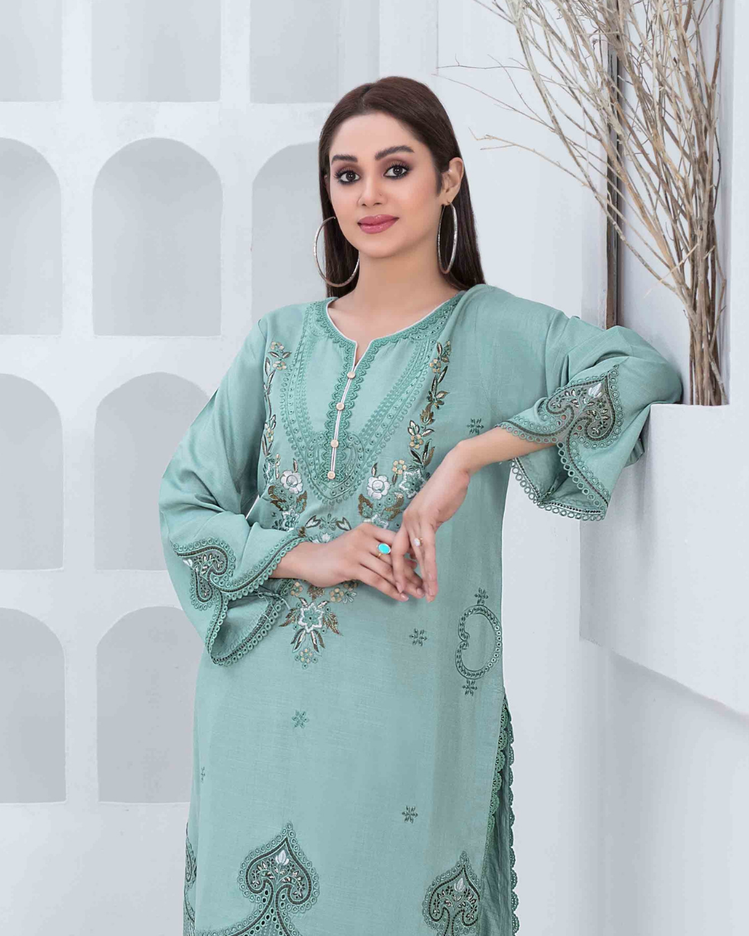 Mint Green Embroidered Slub Linen 2-Piece Suit