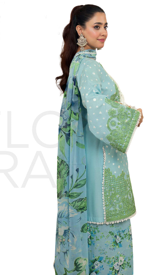 Misty Blue Embroidered Lawn Suit with Floral Printed Trouser & Chiffon Dupatta