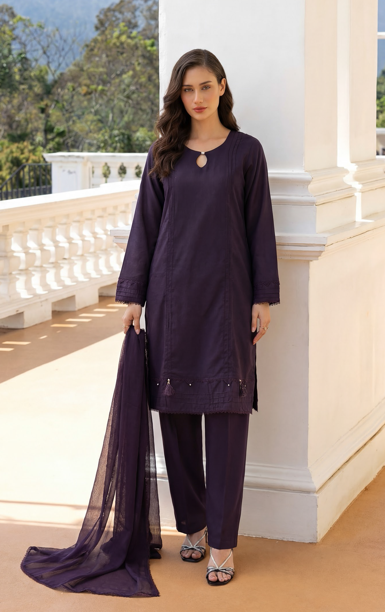 Dark Plum Premium Jacquard Lawn 3-Piece Stitched Suit