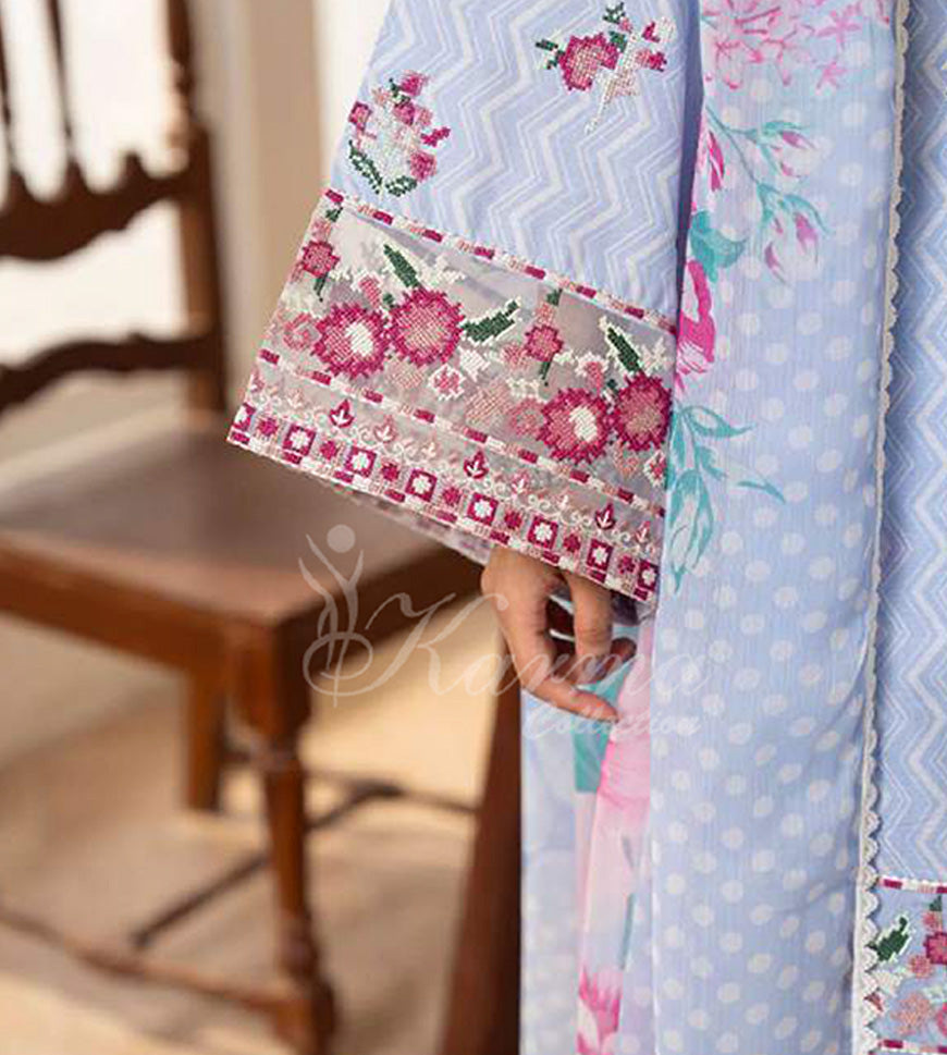 Frost Blue Embroidered Lawn Suit with Floral Printed Dupatta & Farshi Shalwar