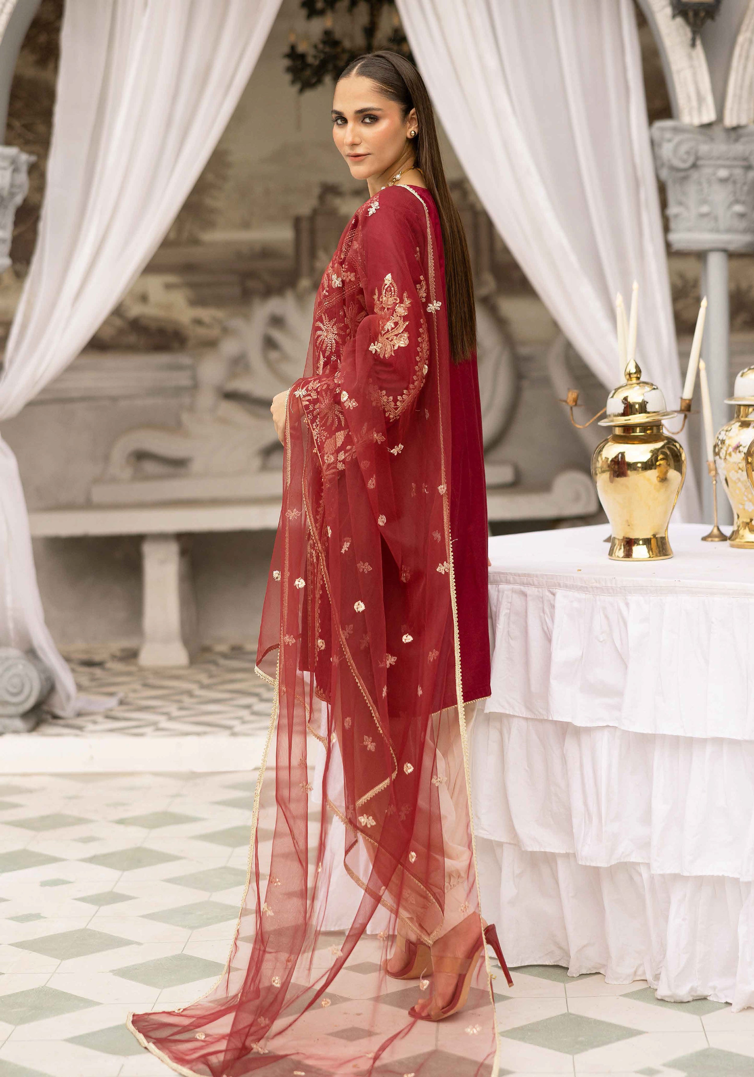 Ruby Red Luxury Embroidered 3-Piece Suit with Organza Dupatta & Tulip Shalwar