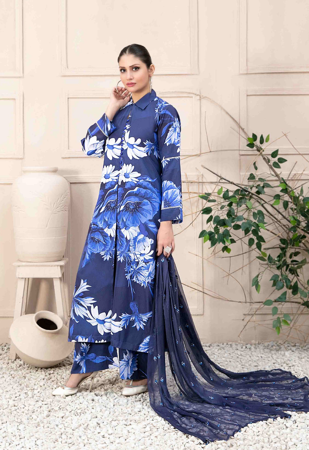 Royal Blue Floral 3-Piece Suit with Embroidered Chiffon Dupatta