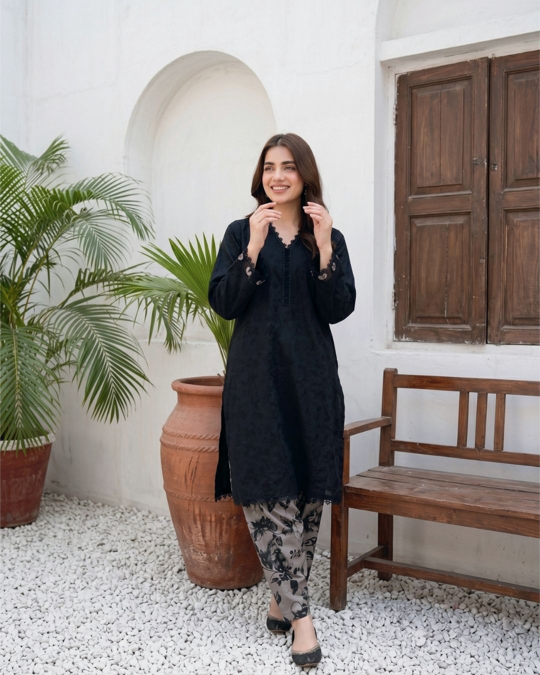 Midnight Navy Modern Solid 2PC - Chic shirt with digital print trouser