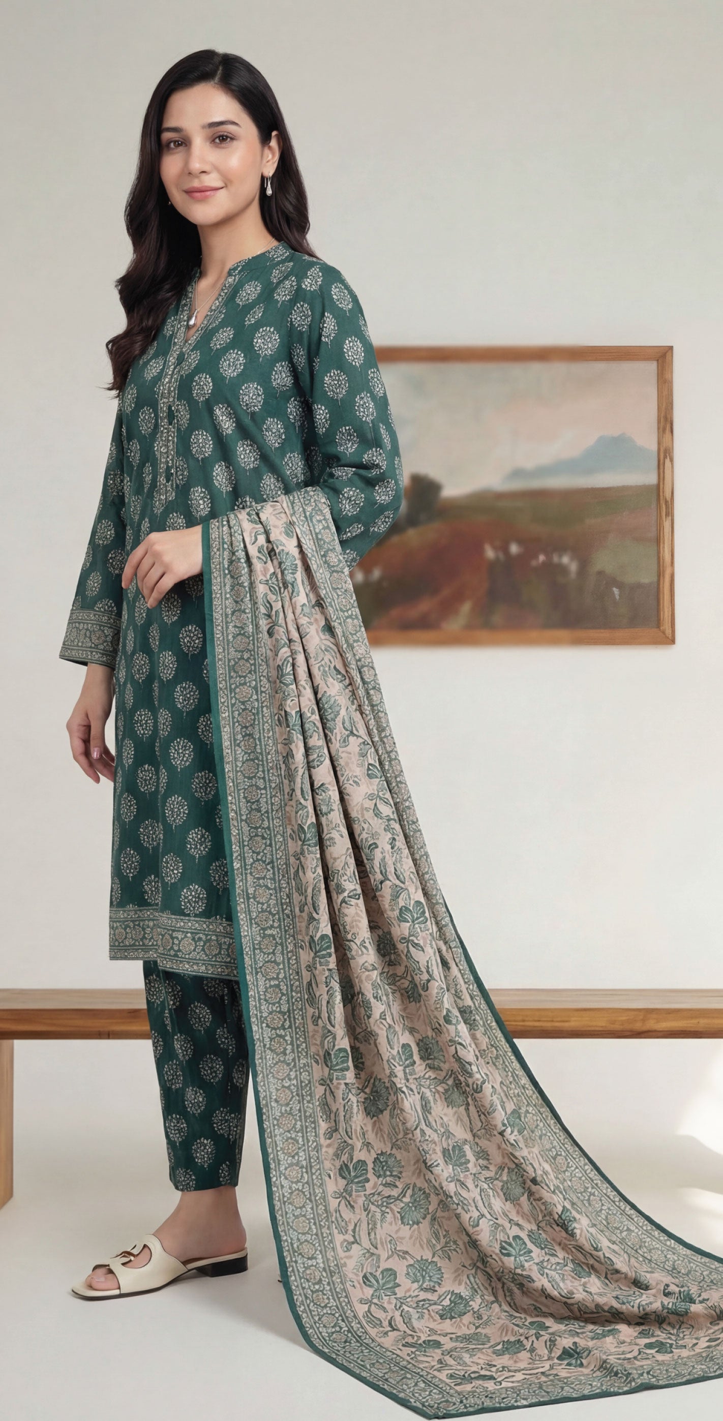 Deep Teal Elite Lawn Rotary Print 3PC Ready-to-Wear