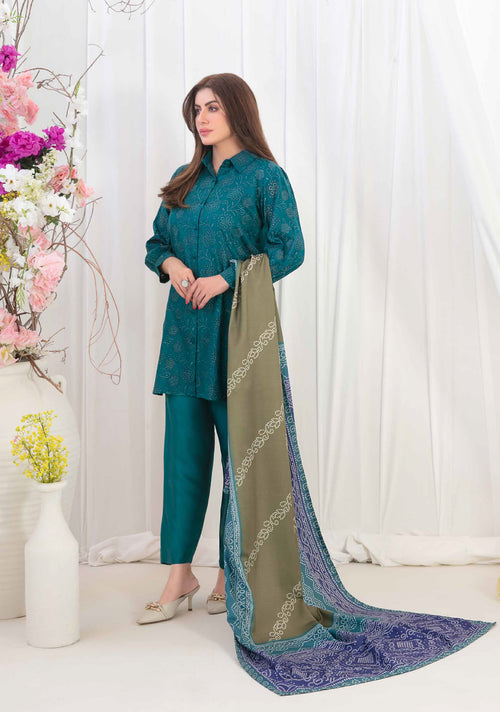 Deep Teal Embroidered Shirt with Olive Green Digital Printed Shawl Dupatta