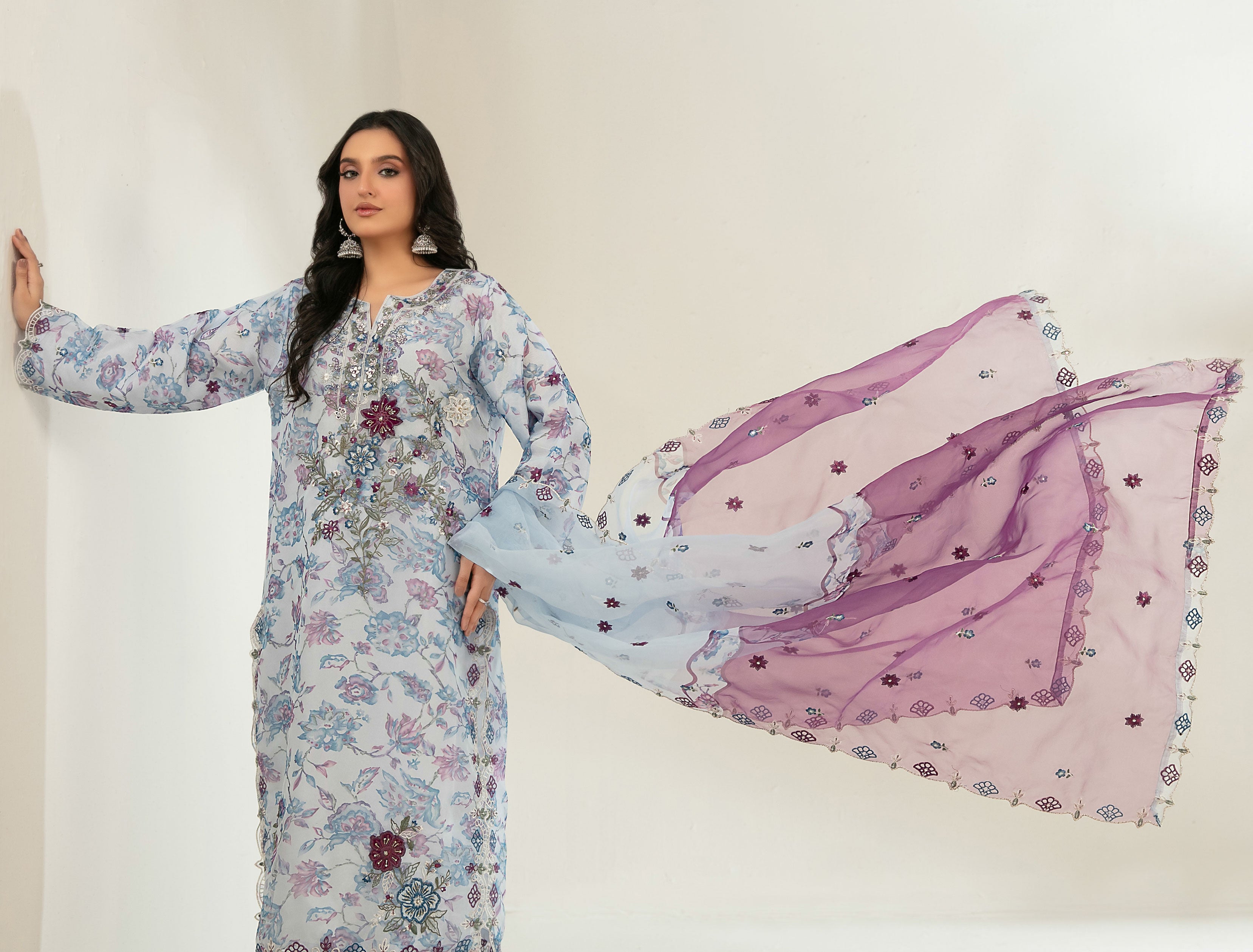 Silver Blue Stitched Fancy Embrioderd organza suit