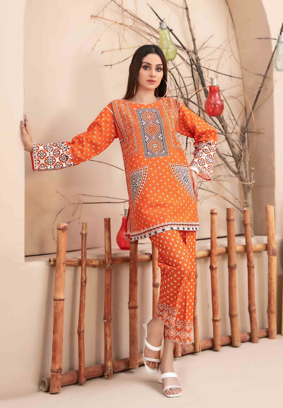 Orange Khaddar 2-Piece Suit with Geometric Printed Borders
