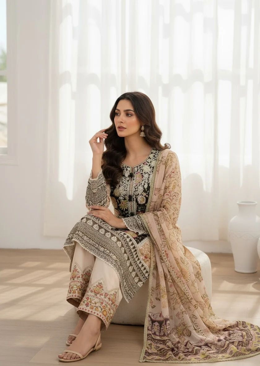 Karma Black Floral Farshi 3pc Outfit