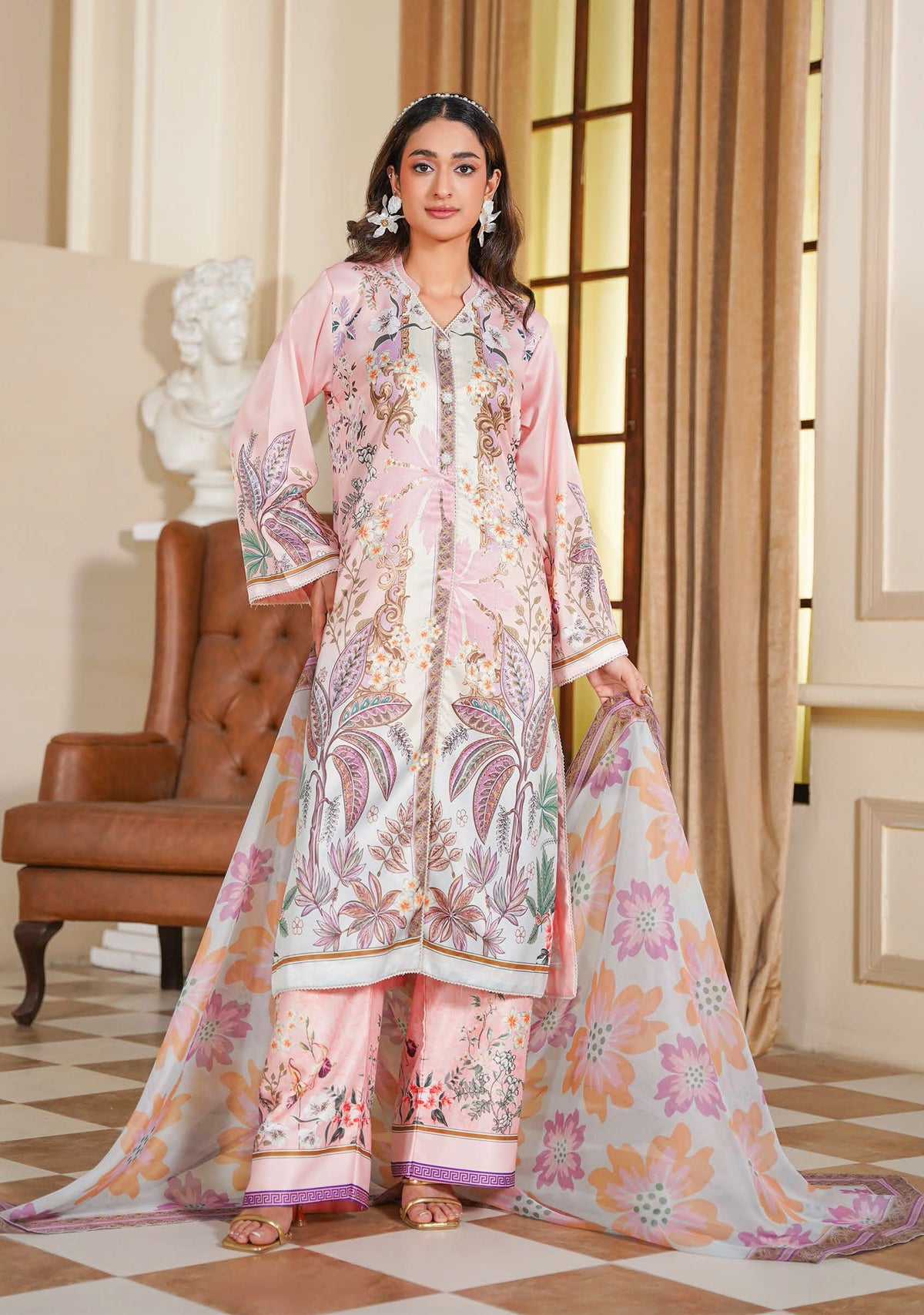 Blush Pink Floral Printed 3-Piece Suit with Multicolor Dupatta