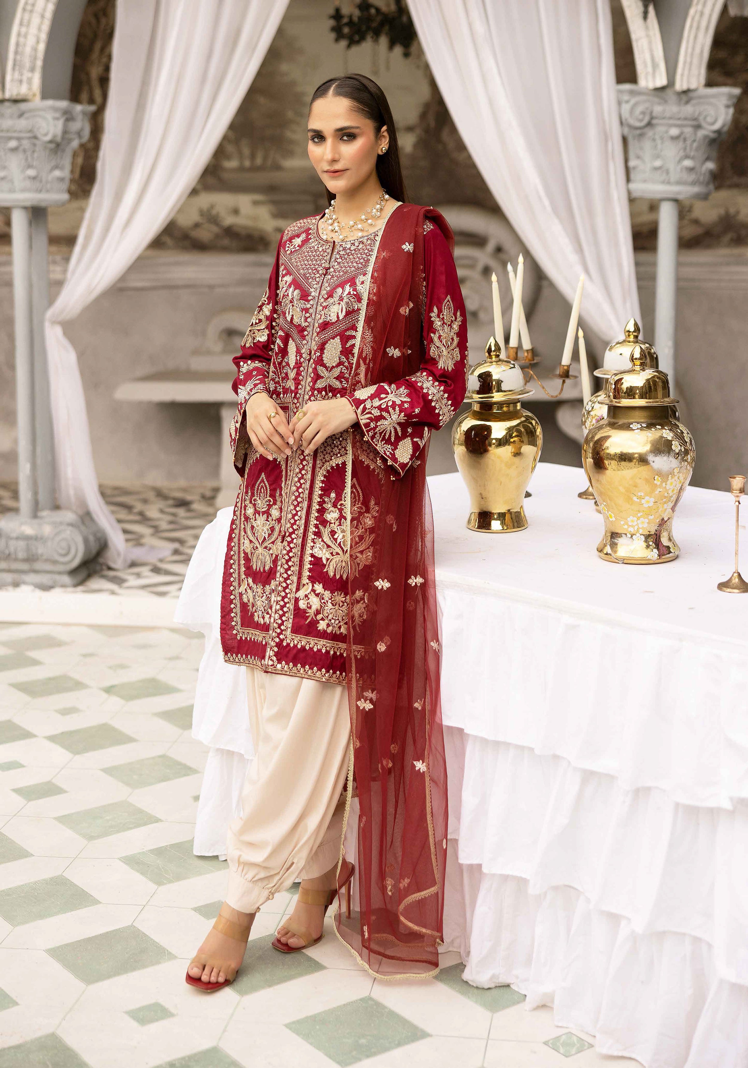 Ruby Red Luxury Embroidered 3-Piece Suit with Organza Dupatta & Tulip Shalwar