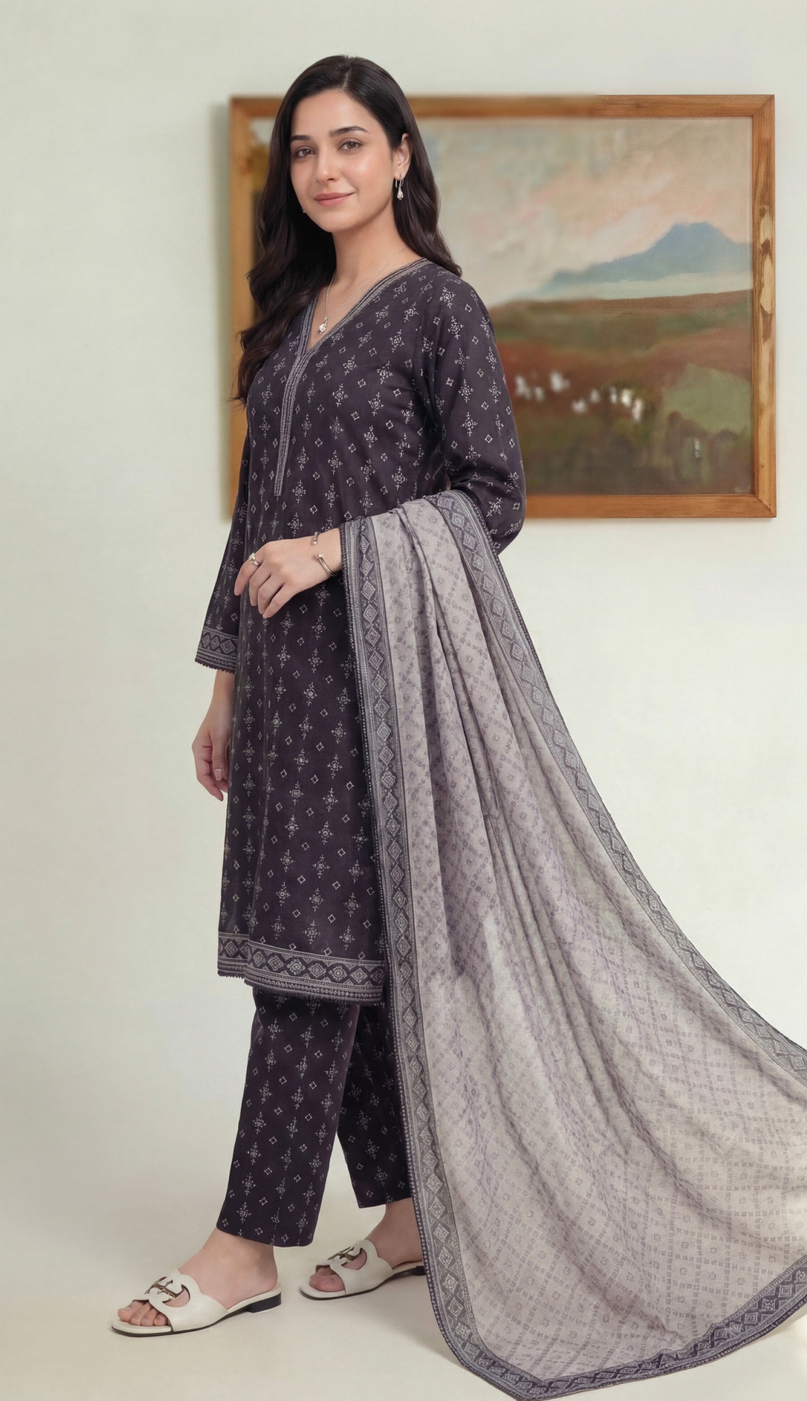 Midnight Plum Lawn Rotary Print 3PC Ready-to-Wear