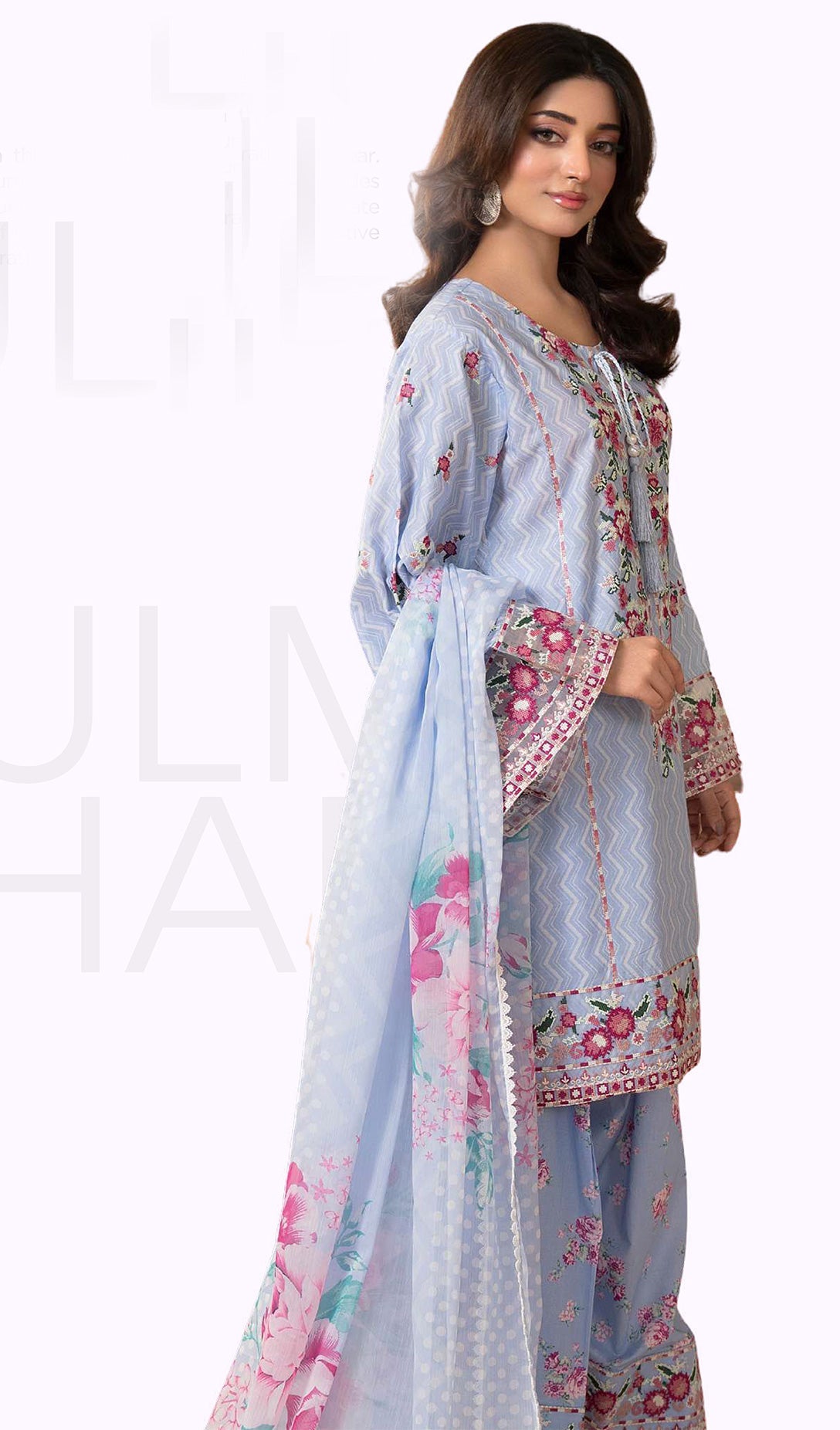 Frost Blue Embroidered Lawn Suit with Floral Printed Dupatta & Farshi Shalwar