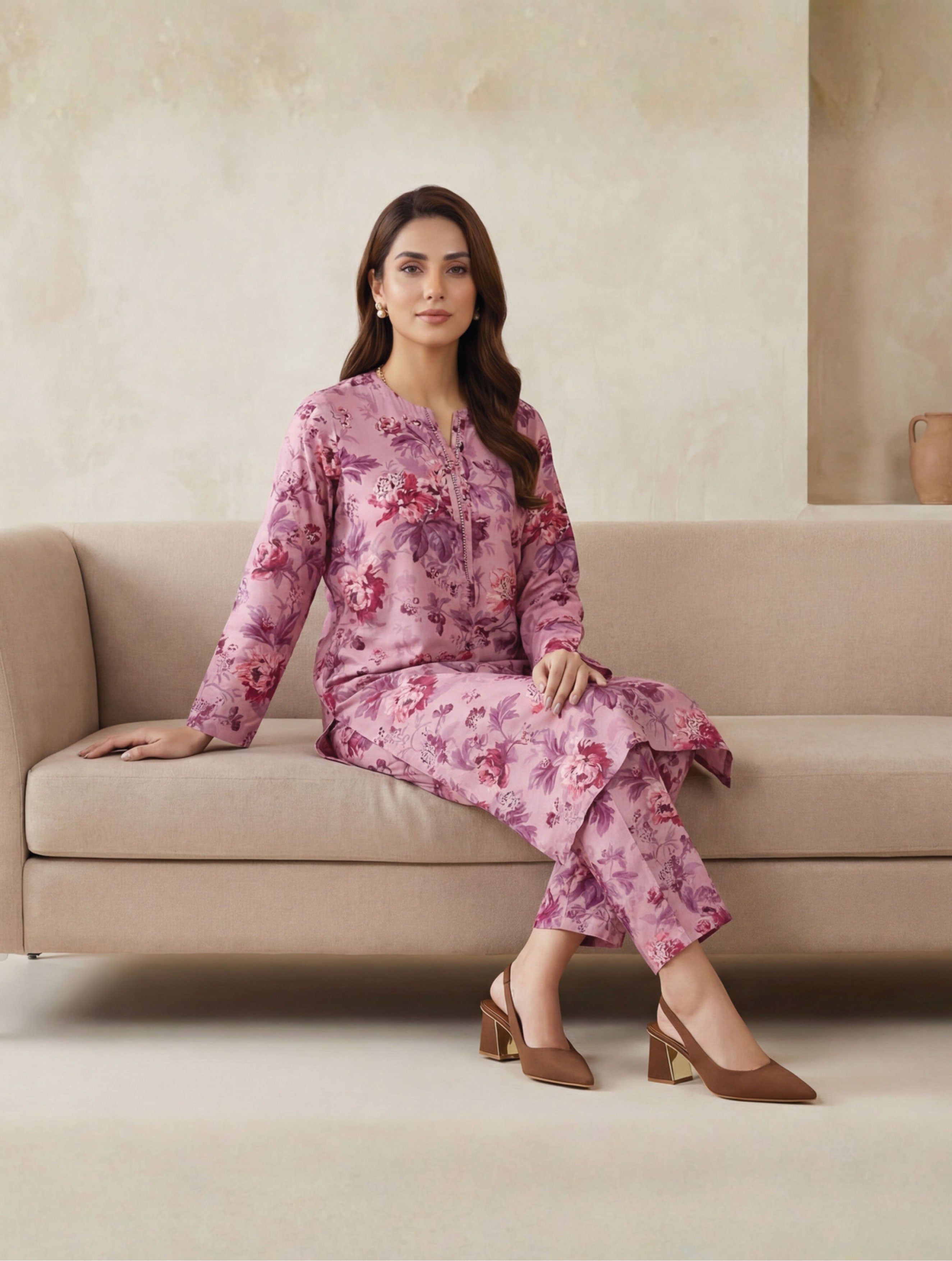 Mauve Pink Linen Stitched Staple Digital print suit