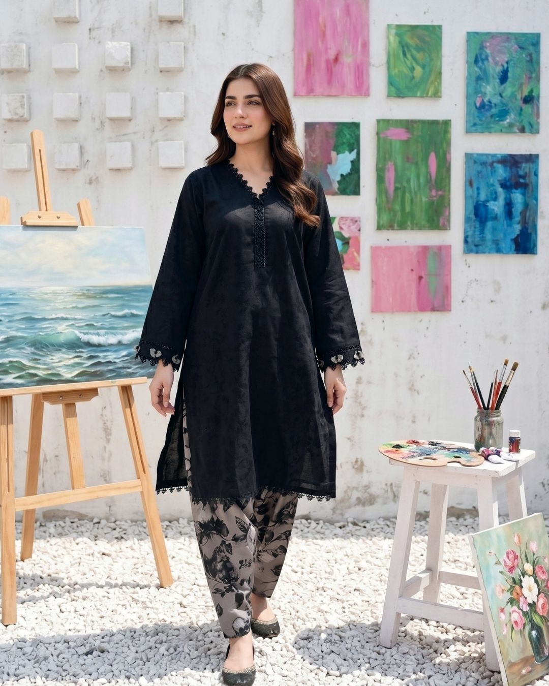 Midnight Navy Modern Solid 2PC - Chic shirt with digital print trouser