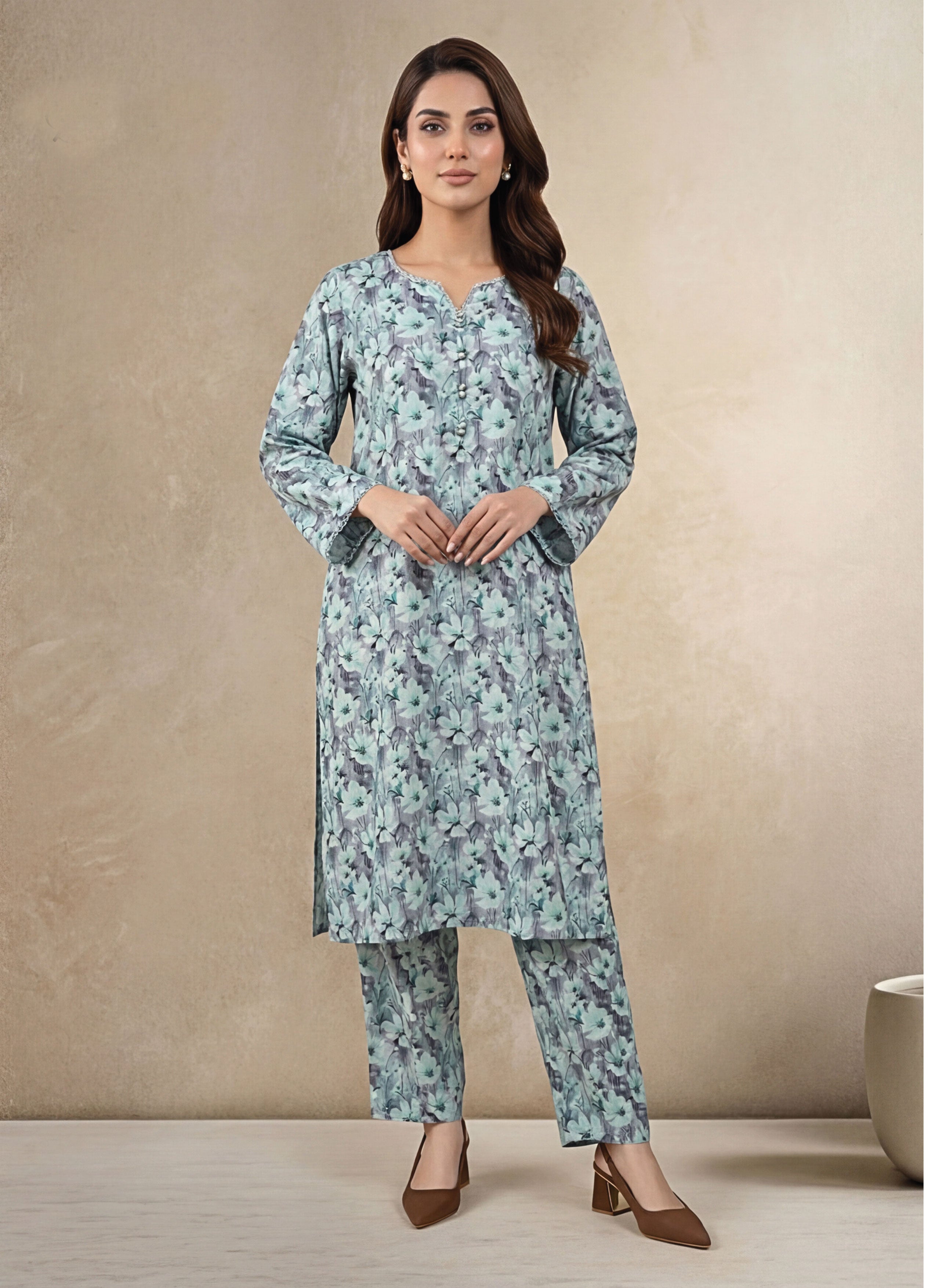 Ice Blue Linen Stitched Staple Digital print suit