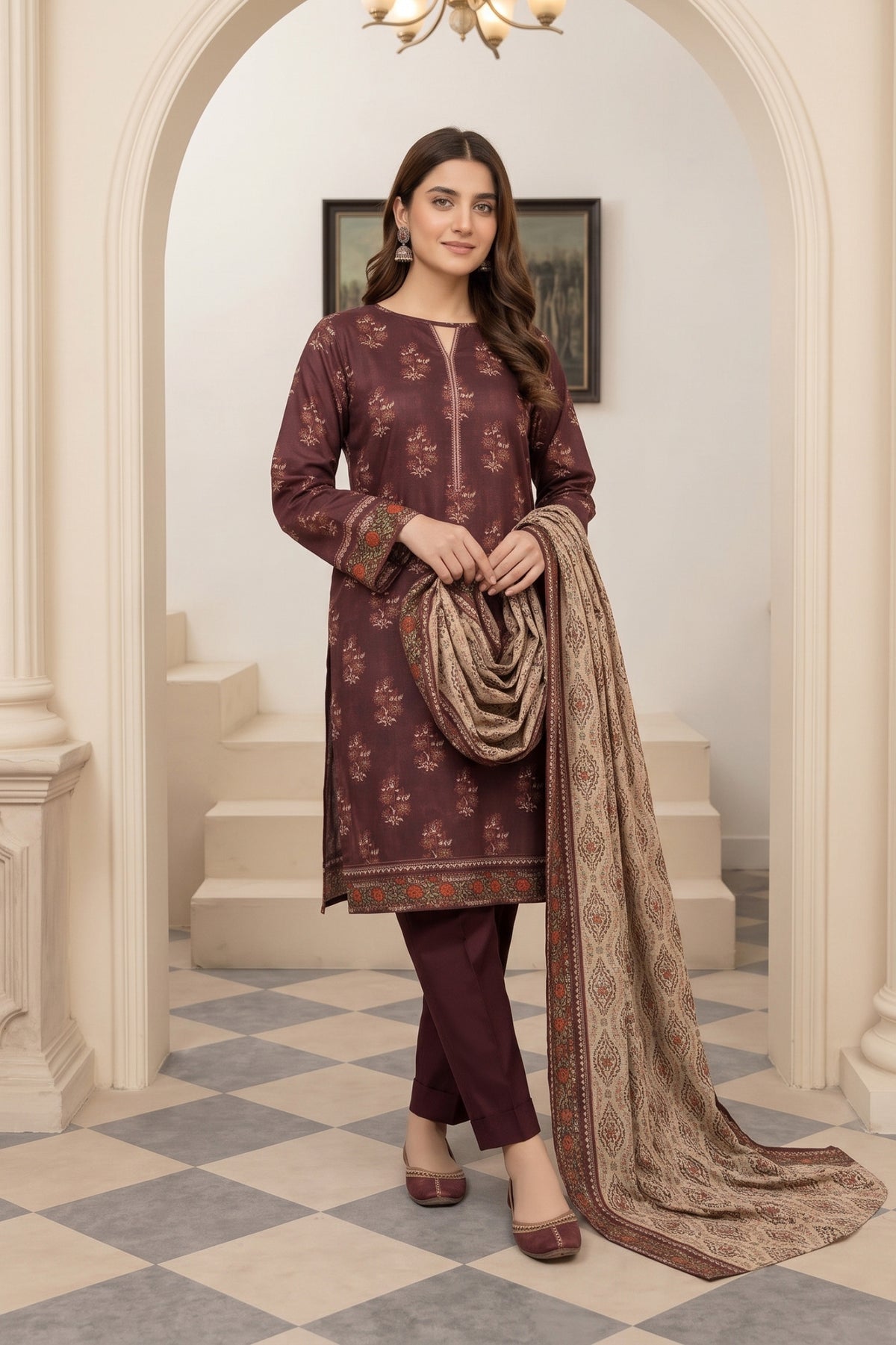 Maroon Printed Khaddar 3-Piece Suit