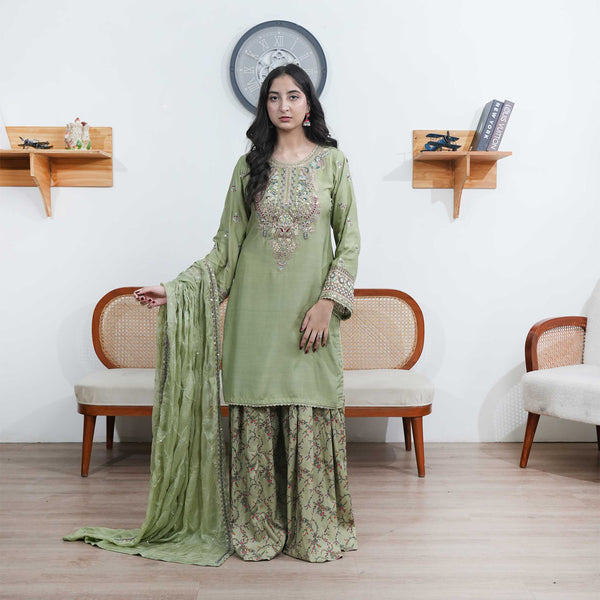 Green kameez with printed sharara
