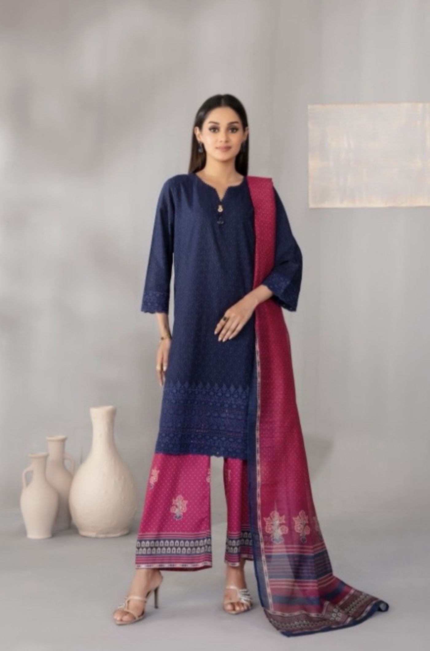 Deep Navy Embroidered Schiffli Lawn with Digital Printed Dupatta