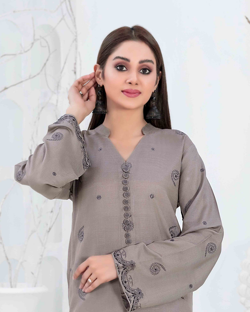 Taupe Grey Embroidered Slub Linen 2-Piece Suit