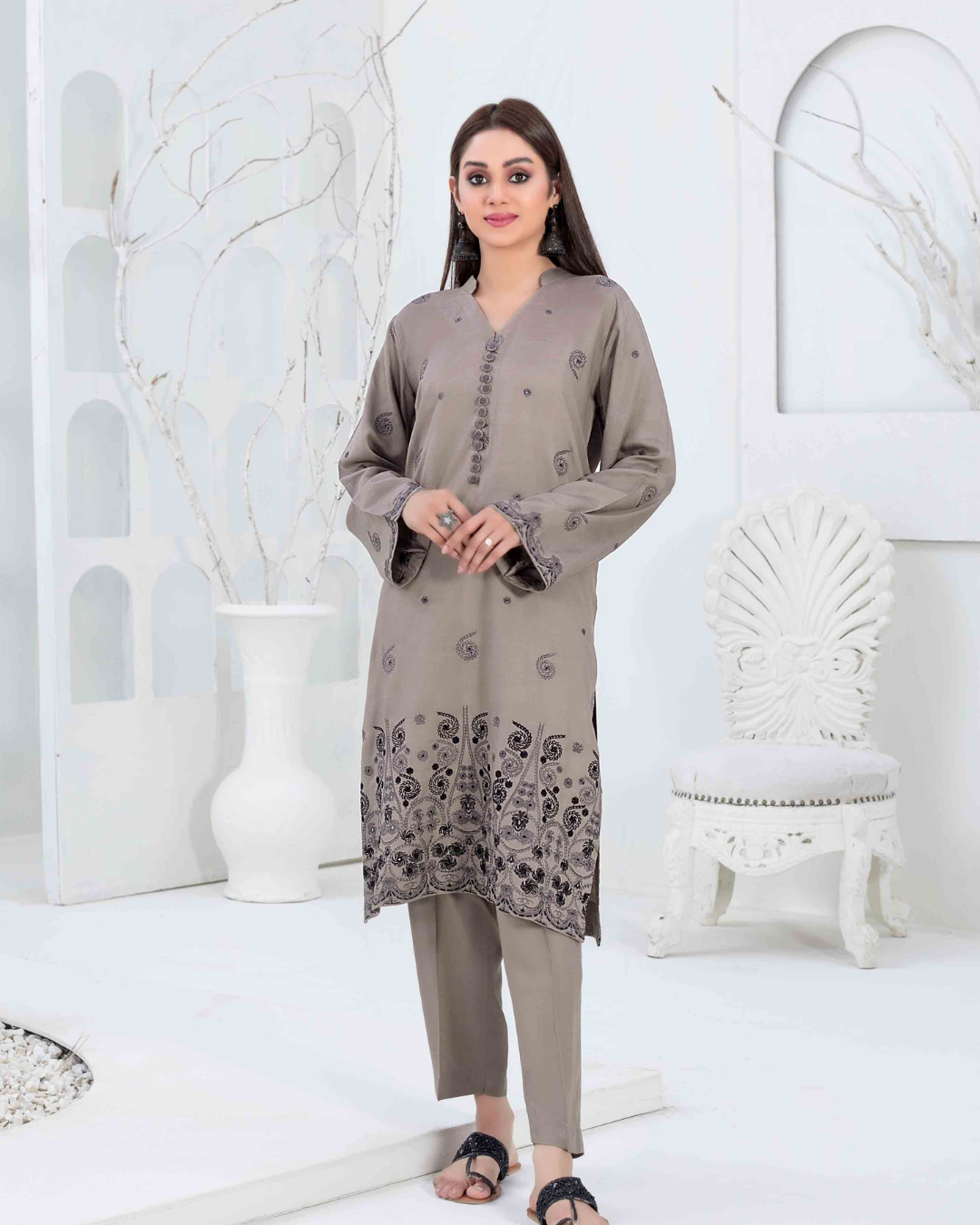 Taupe Grey Embroidered Slub Linen 2-Piece Suit