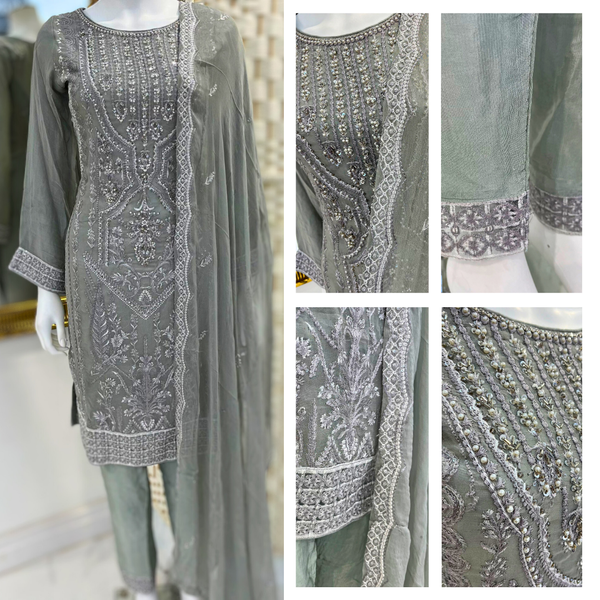 Embroidery and Pearl Suit - Shuttle Grey