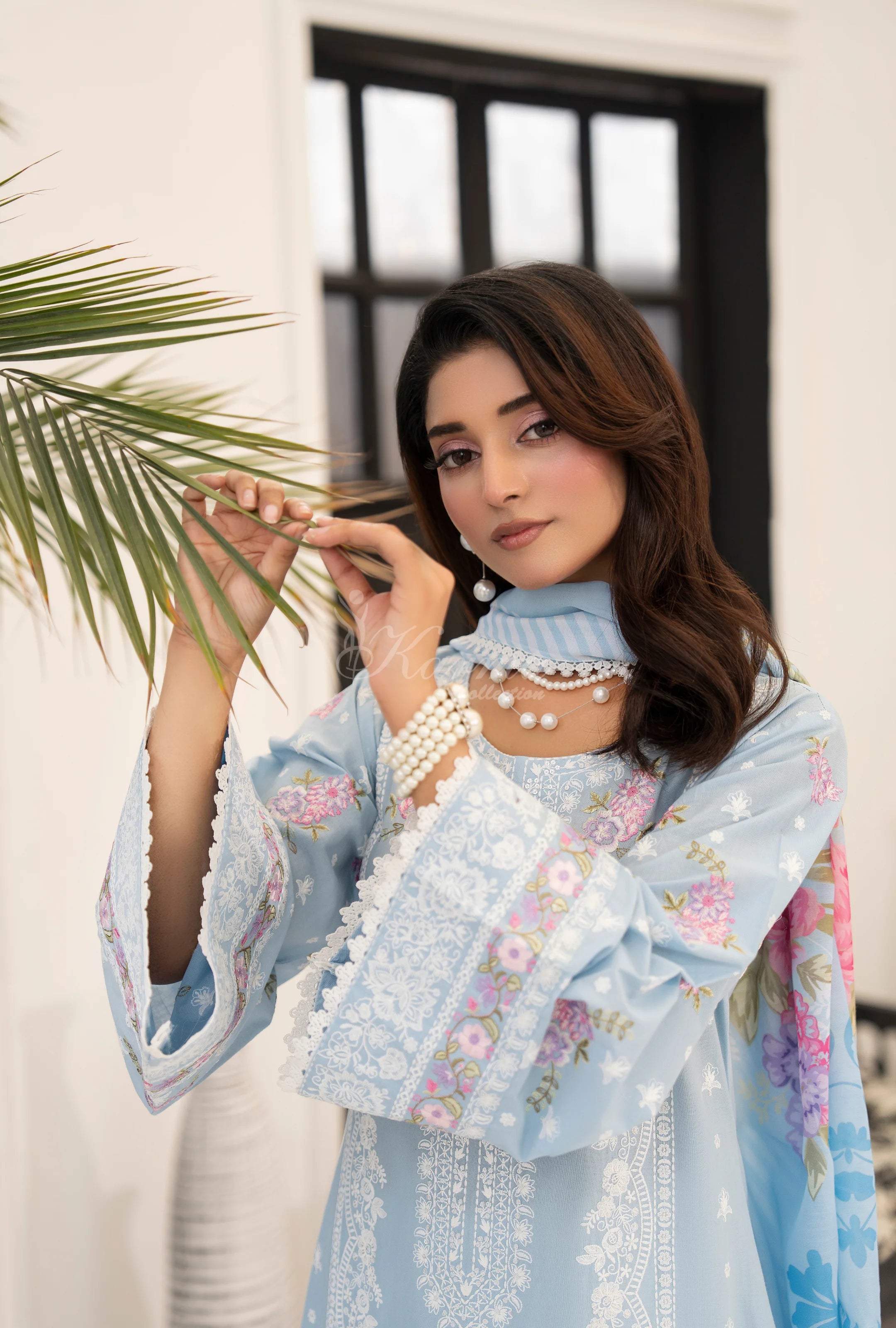 Original karma collection 3pc suit with loose trousers with embroidery DUSTY BLUE KC-1558