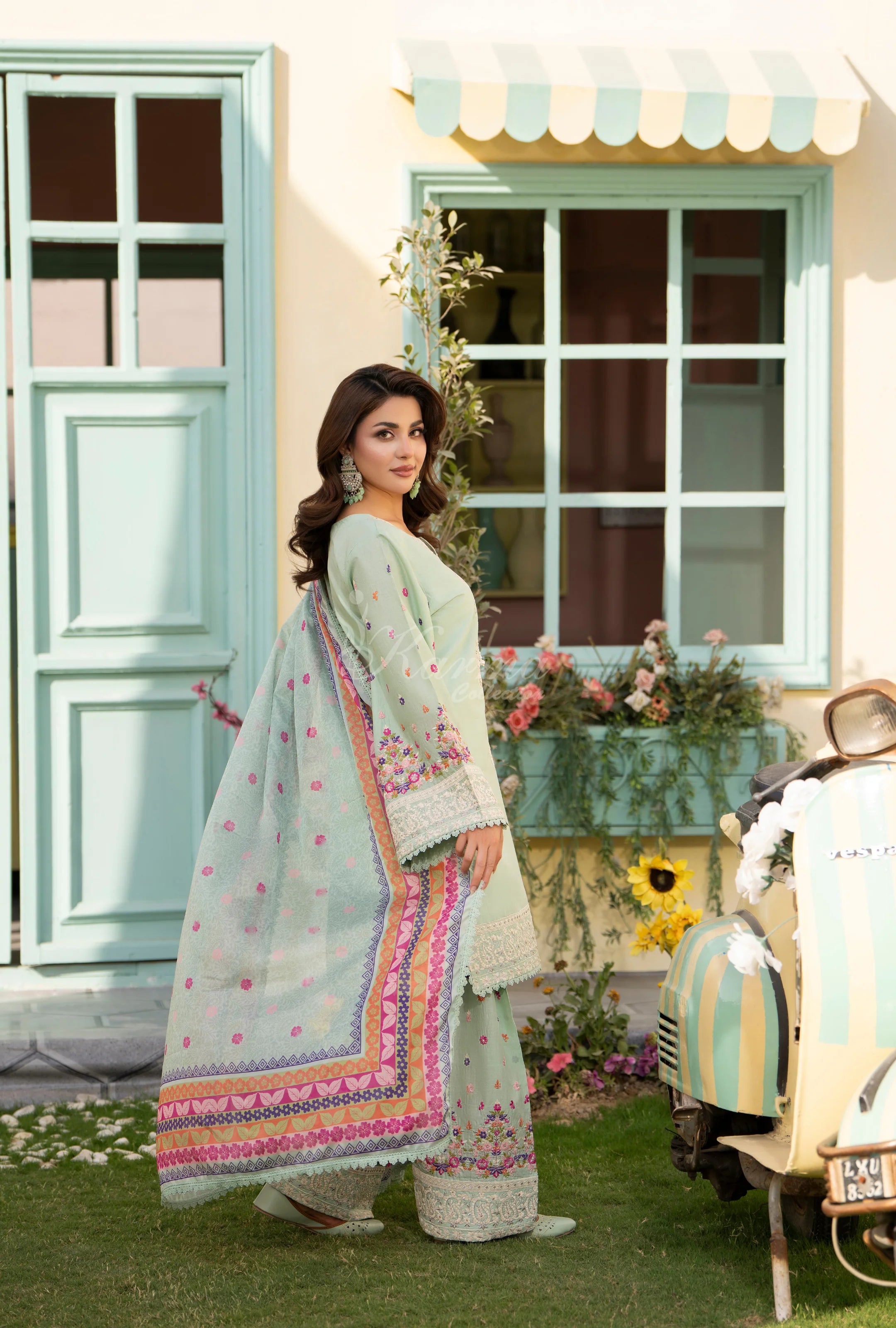 Original karma collection 3pc suit with embroidery farshi shalwar SAGE TINT
KC-1556