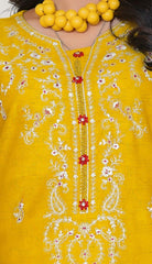 2pc yellow with white embroidery on kameez and trousers