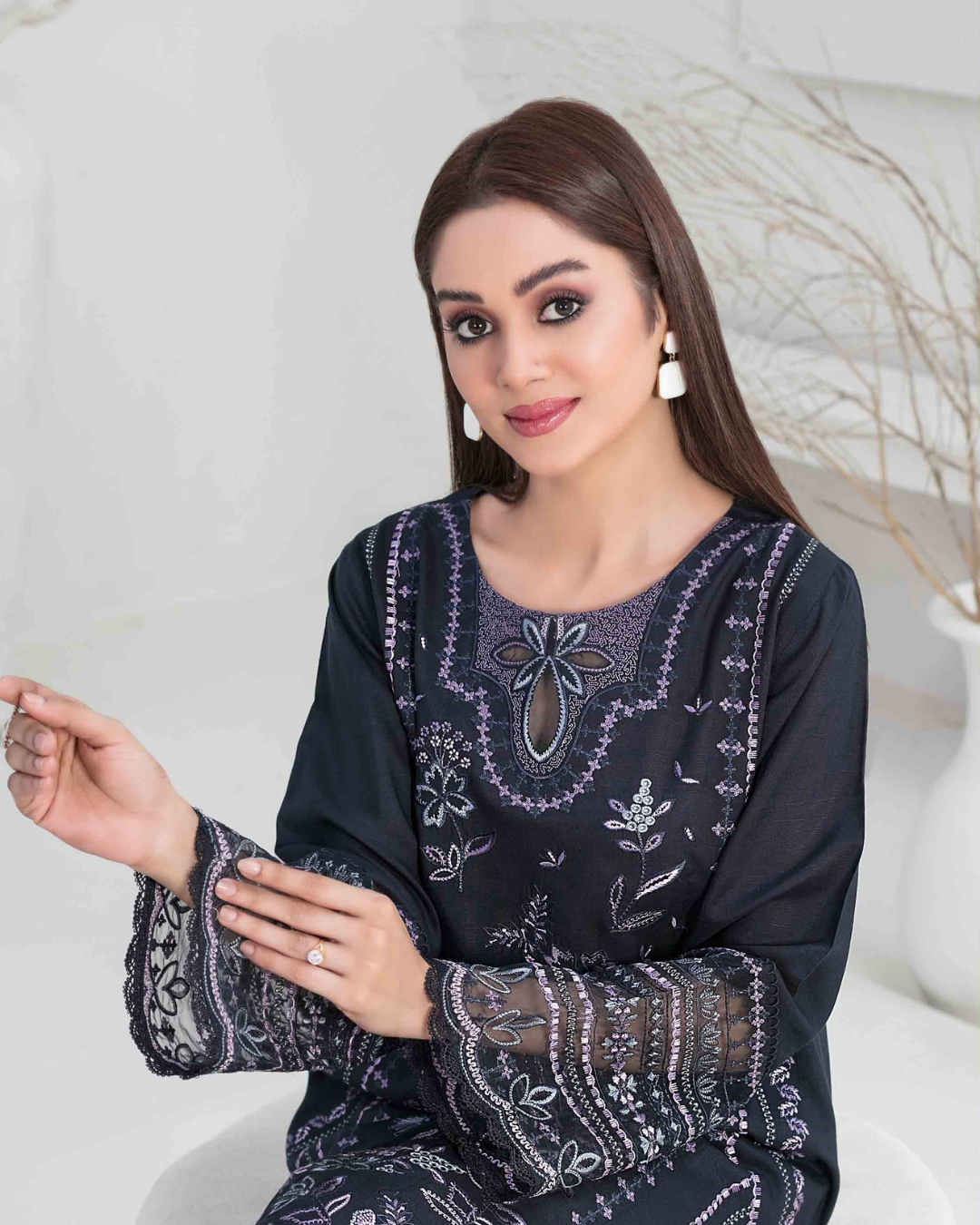 Black Embroidered Slub Linen 2-Piece Suit
