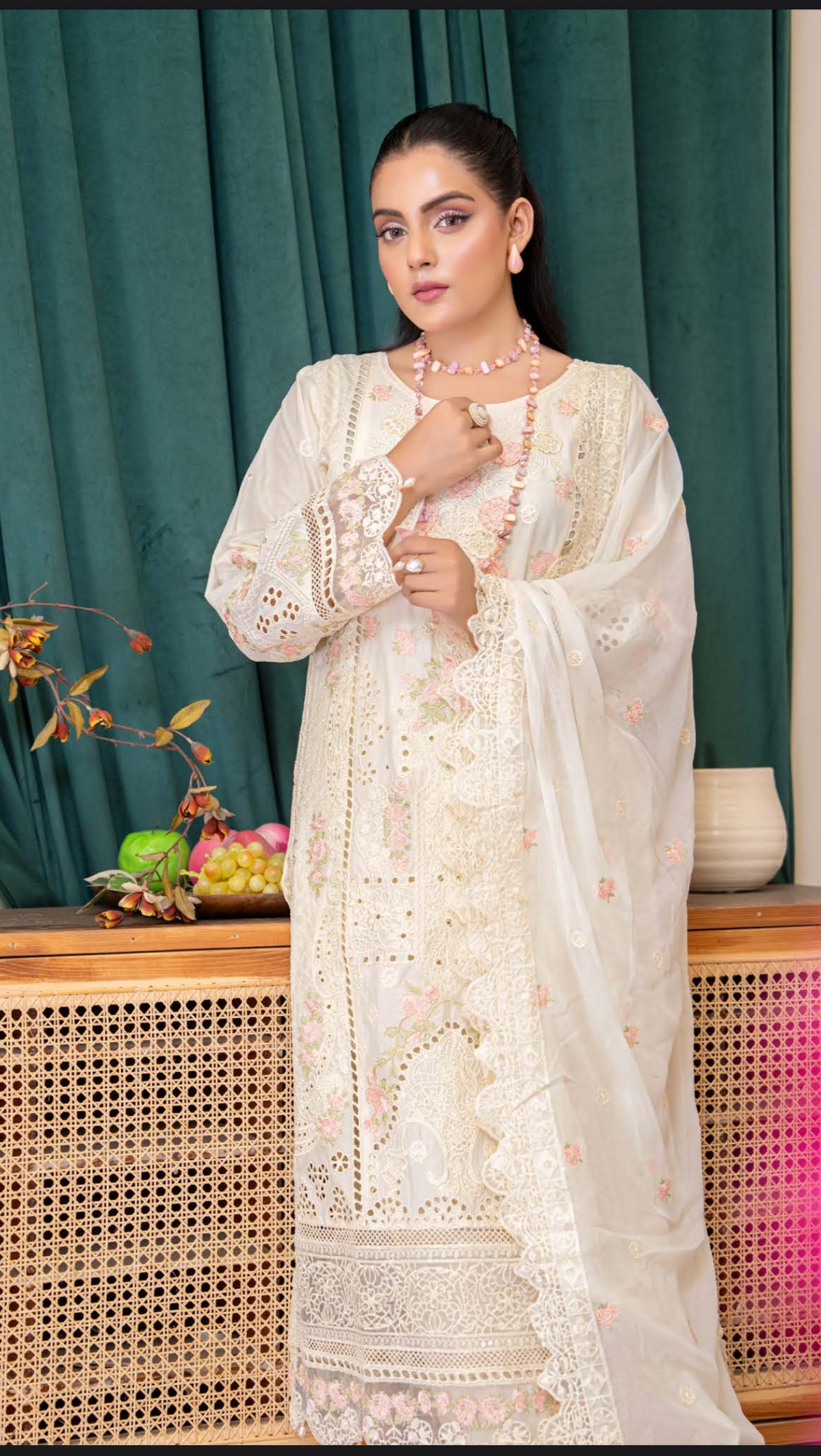 Are2 cream with pink and gold embroidery