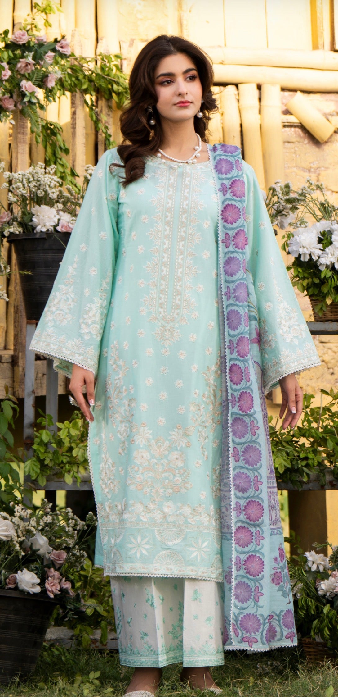 Aqua green with white embroidery original 3pc karma collection
