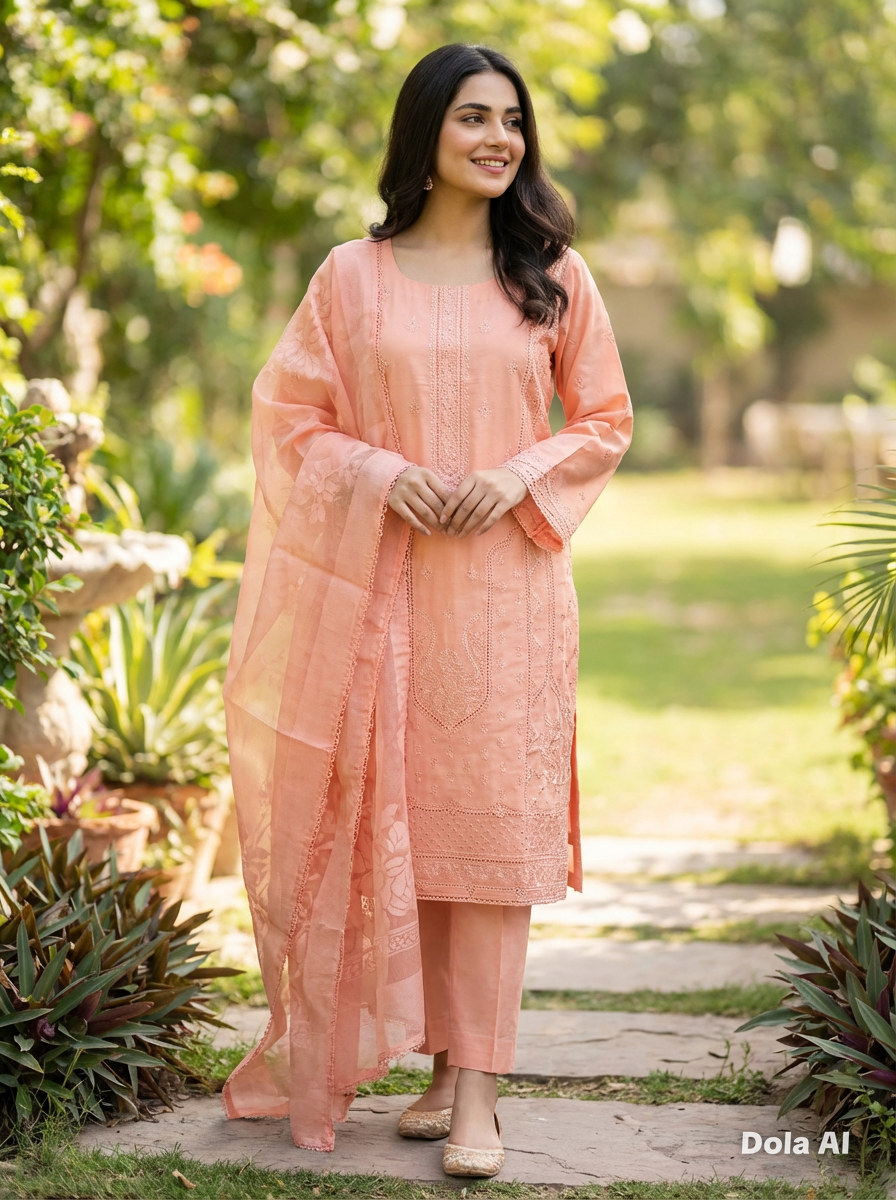 Peach with sequence and thread embroidery 3pc outfit