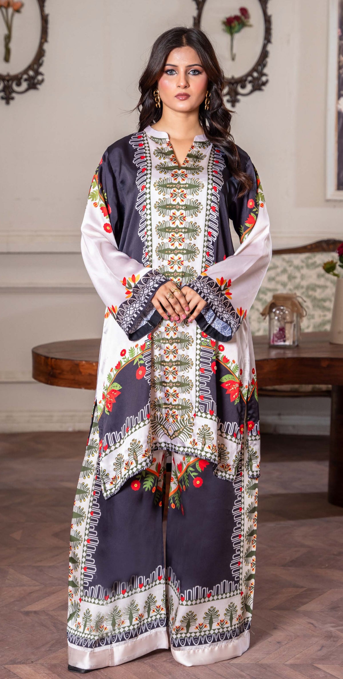 Luxury 2pc silk white/black green