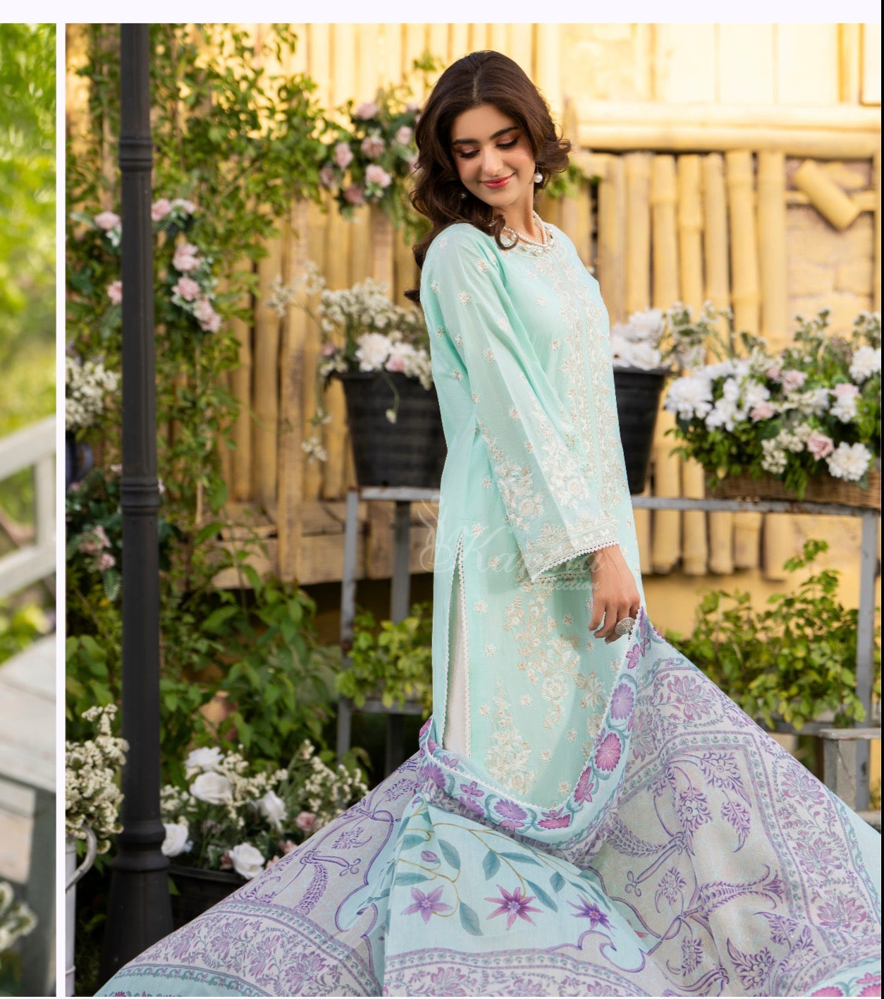 Aqua green with white embroidery original 3pc karma collection